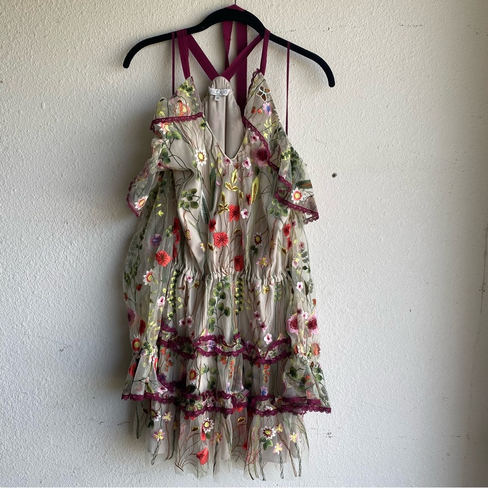Alexis Adeline Embroidered Floral Short Dress in Ivory Garden - Picture 5 of 10
